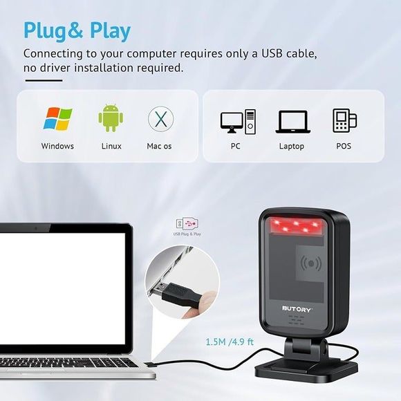 Butory 1D 2D QR Barcode Scanner Hands Free Automatic Bar Code Scaner Omnidirecti - Picture 2 of 8